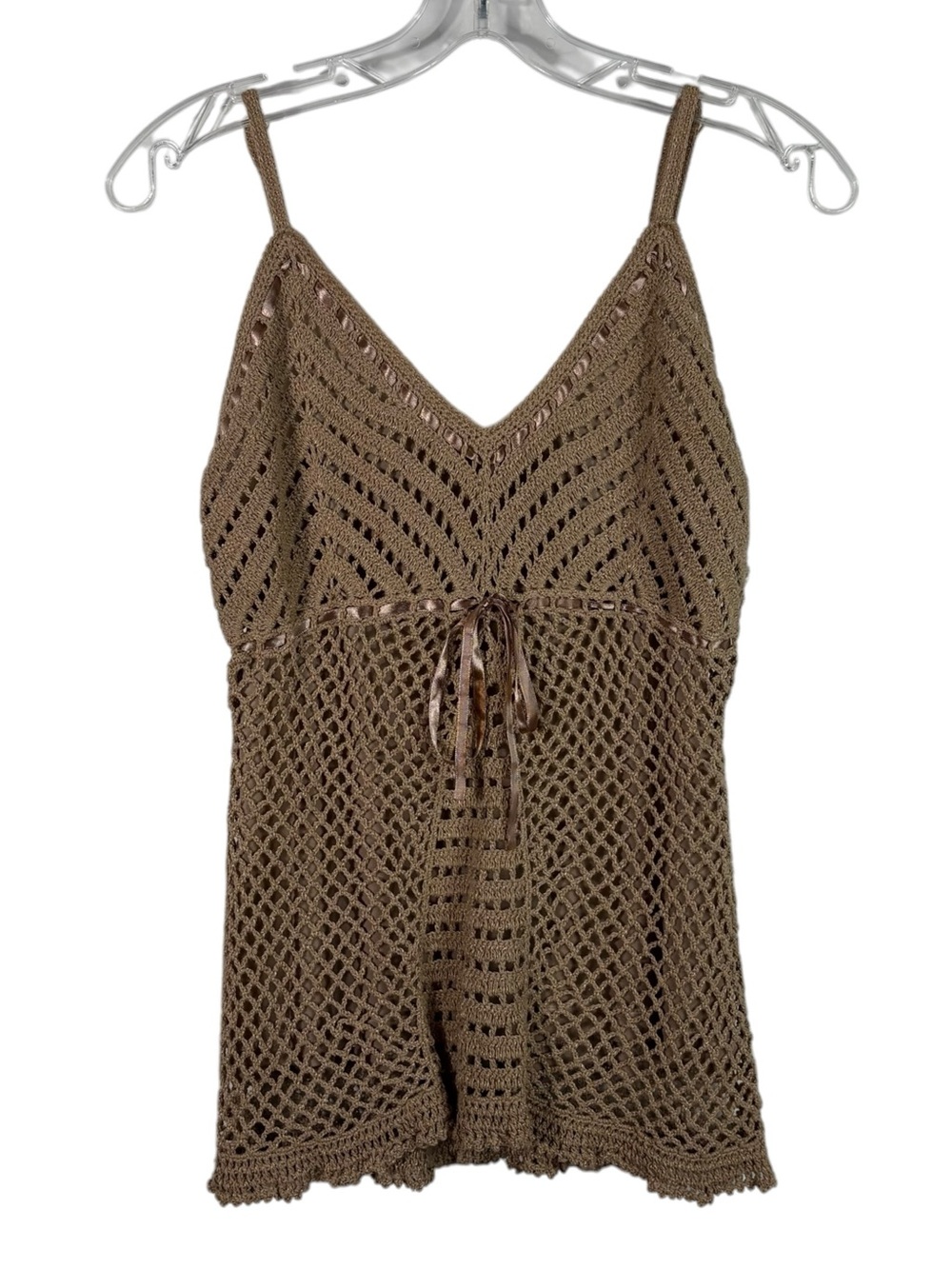 Vintage Y2K Faded Glory Brown Crochet Open Knit Empire Waist Bow Tie Tank Top S